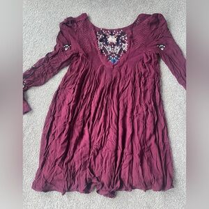 Free People Deep Red Embroidered Mini Dress